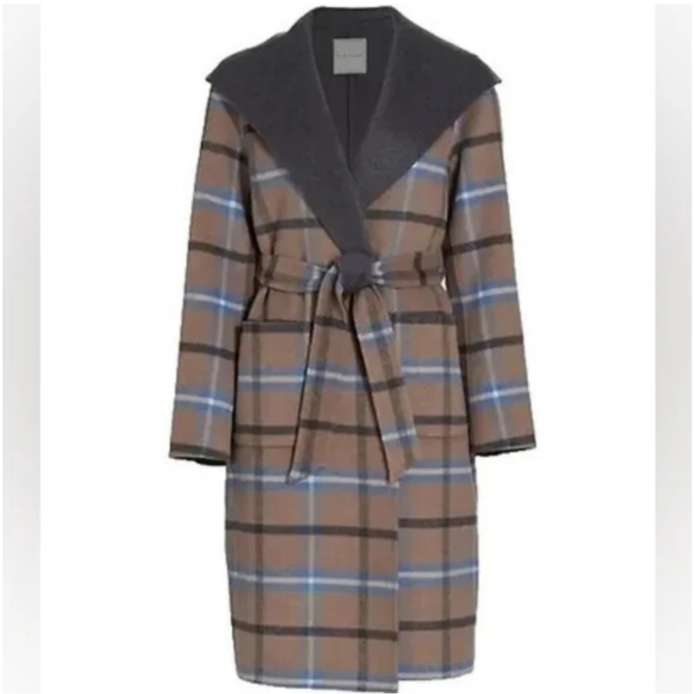 NWT ELIE TAHARI $475 silk Wool‎ Plaid Coat brown